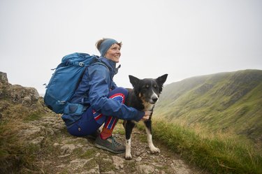 Lone female and her dog in rugged terrain, Lake District, UK.