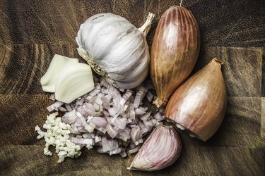 Close-up of onions, garlic and shallots