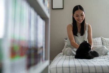 Young Asian woman feeding cat treats to her black cat on the bed in bedroom.