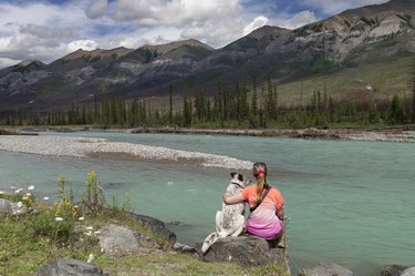 Woman and dog enjoying view in Kootenay National Park,Kootenay National Park,Canada