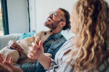 Couple petting their adopted dog while sitting on the couch at home