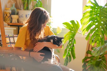 Woman embracing her cat and sitting on the armchair