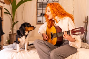 Red-haired young girl playing the guitar and singing in the room with her dog, best friend the dog. sitting on the bed having fun