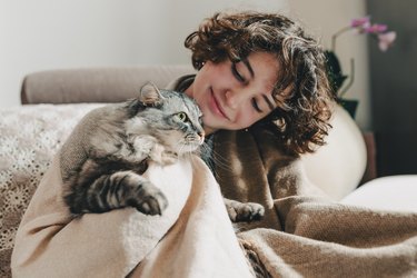 Young child petting a cat on a bed