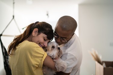 Young couple enjoying dog at home