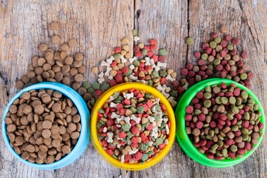 High Angle View Of Pet Food On Wooden Table