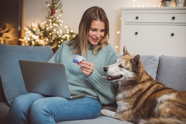 Cozy Christmas shopping in sofa with dog