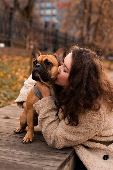 Young brunette woman with her pet french bulldog walking in park