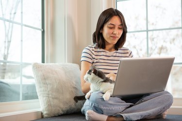 Teenager on laptop with cat