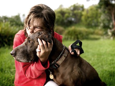 Girl with dog in country field