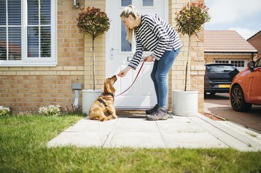 blonde woman giving small dog a treat outside their door