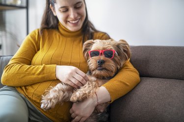 Woman on couch with small dog wearing glasses