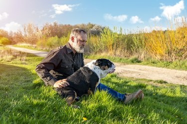Man and dog outside on grass with blue sky