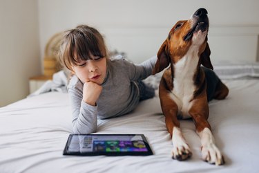 A girl is stroking her dog while she is watching a cartoon on a digital tablet