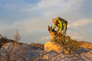 Older man and dog on remote rock formations