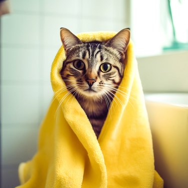 Funny striped cat in a yellow towel after bathing in the bathroom.