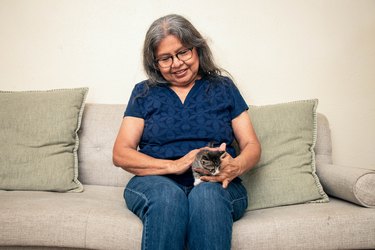 Senior Woman With Kitten In Lap