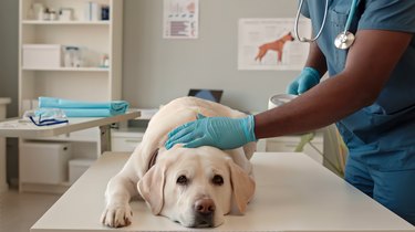 White Dog Being Examined by Veterinarian