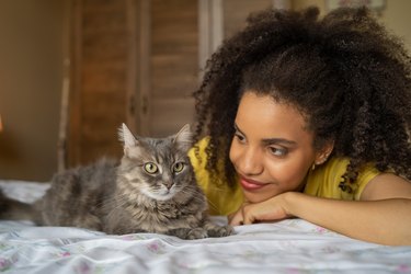 Young afro woman at home, petting  her domestic cat,  laying on the bed