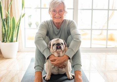 Close up portrait of old  pug dog looking at camera. Senior smiling woman sitting on floor ready to practice yoga exercises enjoying relax with her best friend. Dog therapy concept