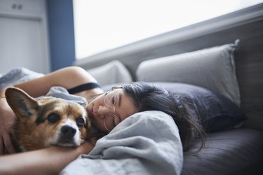 dog cuddles with woman in bed