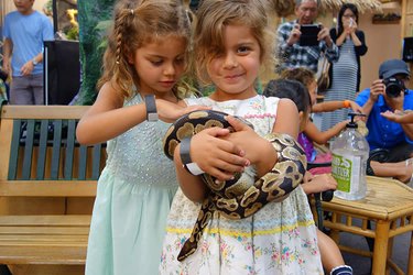 Two little girls with blonde hair are standing next to each other. The little girl on the right is holding a snake.