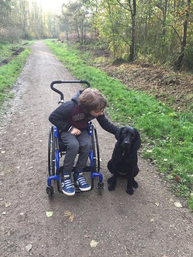 A boy in a wheelchair pets a black dog sitting beside him. They are on a trail outside in nature.