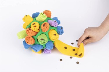 Person rolling treats into a snuffle toy for a dog.