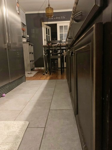 cat peers around countertop to watch human