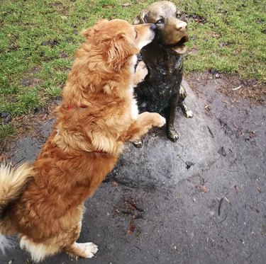 Dog kissing a dog sculpture outside.