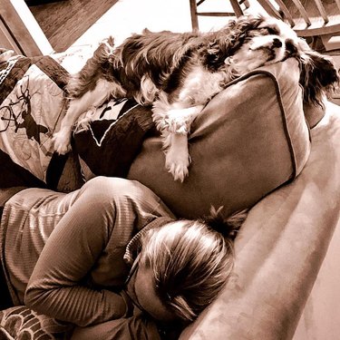 dog and woman sleeping on couch