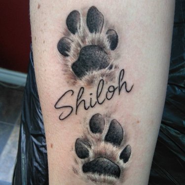 Photorealistic tattoo of paw prints and the name "Shiloh" written in cursive.