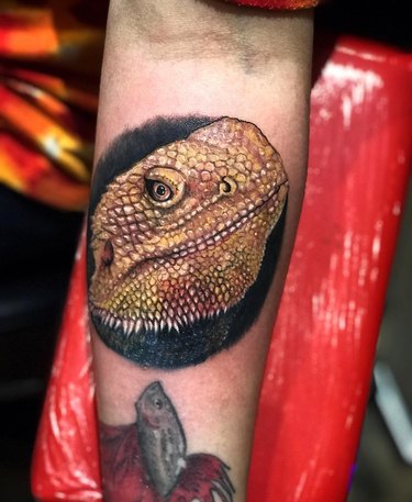 A realistic color tattoo of a lizard's face.