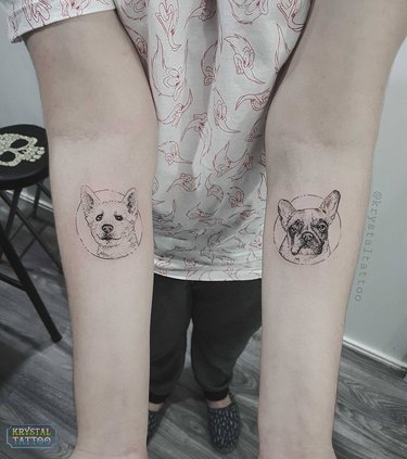 Two tattoos of dog's faces.
