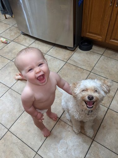 A baby and a dog standing side by side, both smiling with their mouths open.