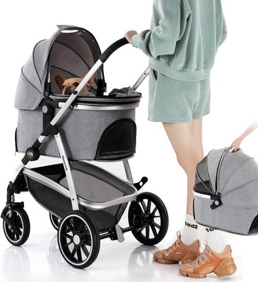 Woman pushing a gray stroller with a French bulldog in it. The carrier detaches so it can work as a car seat.