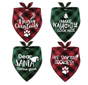 4-pack of Christmas bandandanas that are either red and black or green and black plaid with messages on them.