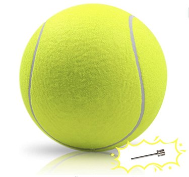 Giant tennis ball for dogs that measures 9.5 inches high.