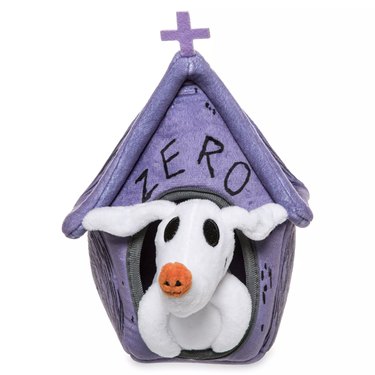 Zero hide and seek toy that includes plush, squeaking Zero and a purple crypt dog house with Zero's name and a cross at the top.