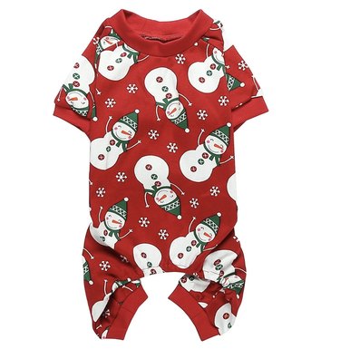 Red dog pajamas with a snowman pattern. The snowmen are wearing green hats and have green and red buttons.
