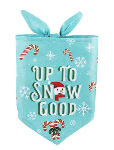 Blue dog bandana that says "Up to Snow Good" with a snowman face for the O and candycanes and snowflakes around it.