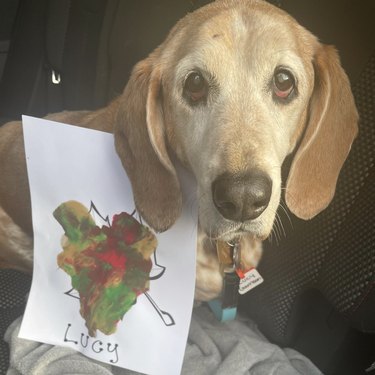 a dog standing next to her first painting.