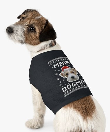 Personalized ugly Christmas sweater for dogs that says "Merry Dogmas" and has a photo of their face on the back.