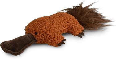 Brown fuzzy platypus kicker toy with a long bill and hairy tail.