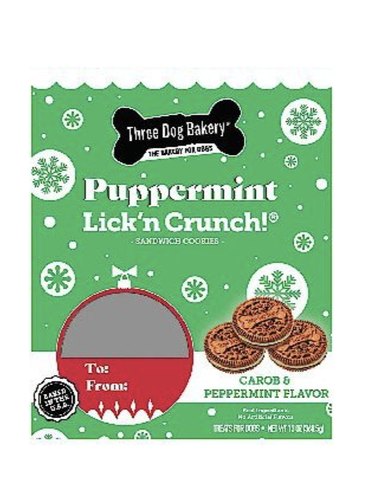 Puppermint lick'n crunch dog treats that resemble Oreos with green, minty filling.