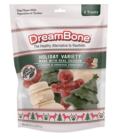 DreamBone Christmas dog chews shaped like Christmas trees, snowmen, and gingerbread people.