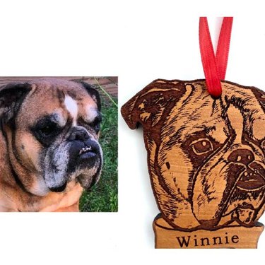 A photo of a bulldog with an engraved ornament in the same likeness