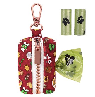 Christmas-themed dog poop bag holder in red, green, and gold.