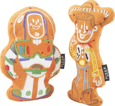 Disney Christmas toys for dogs shaped like Buzz Lightyear and Woody.