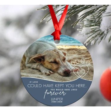 A circular ornament with a sleeping dog and a memorial message written on it